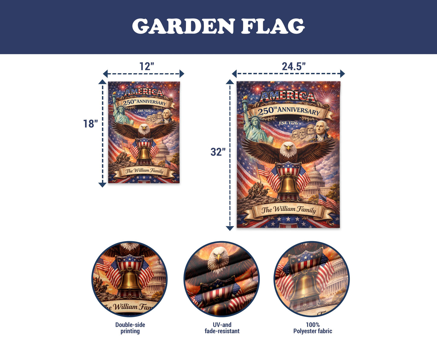 Personalized America 250th Anniversary Garden Flag, Custom Family Name Patriotic Yard Decor, 1776β2026 USA Gift
