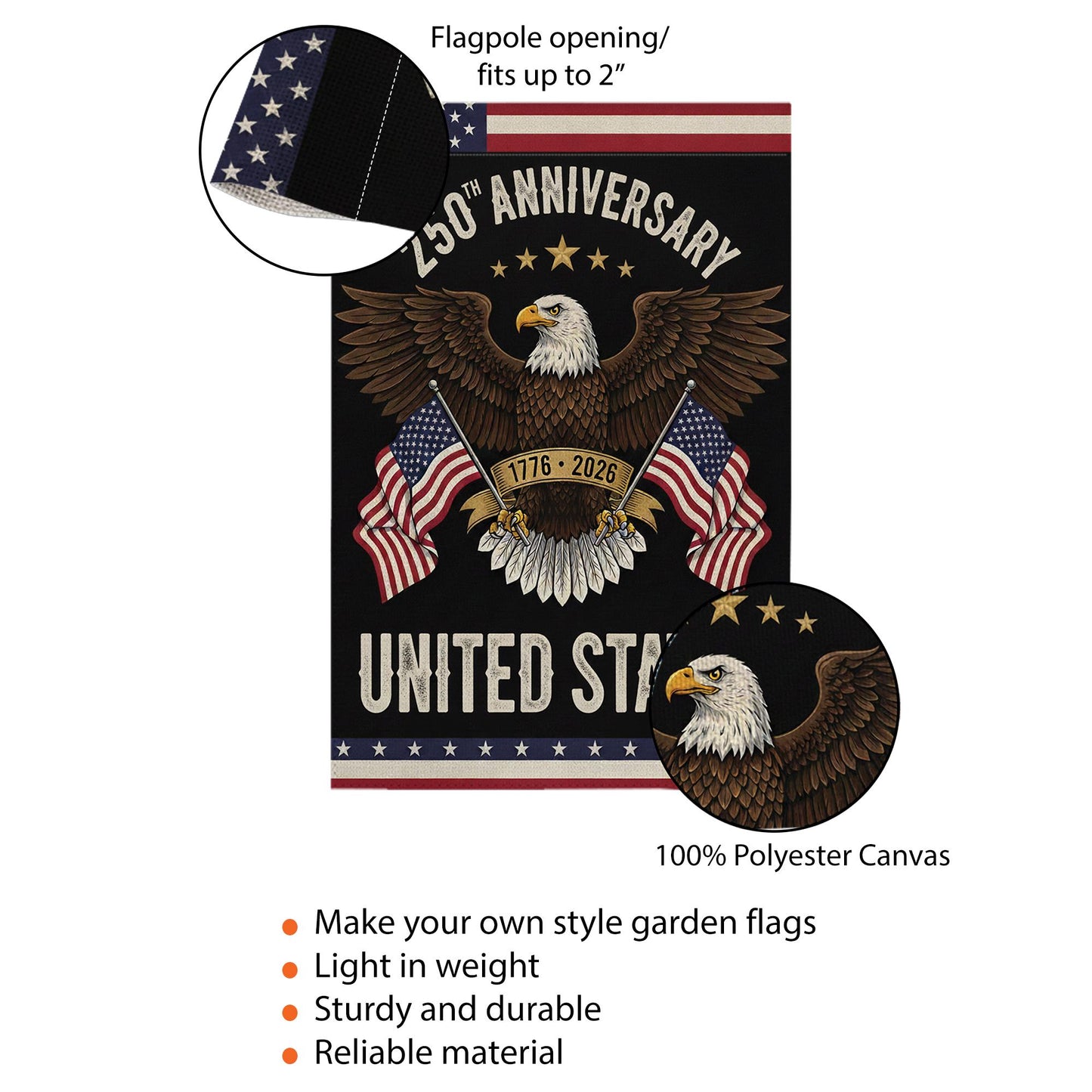 250 Years America Flag, United States 1776–2026 Banner, Bald Eagle Patriotic Yard Flag