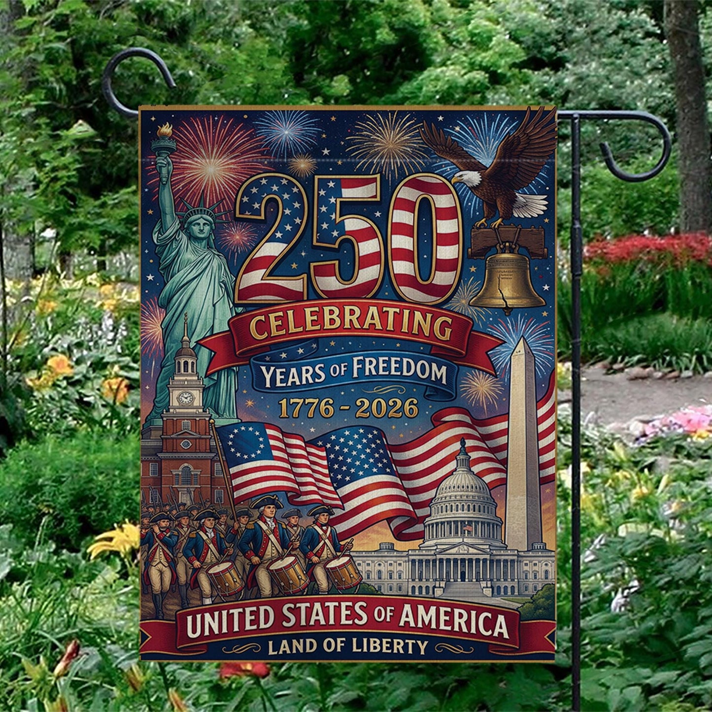 America 250 Garden Flag: 1776-2026 Patriotic Anniversary Outdoor Semiquincentennial Yard Decor
