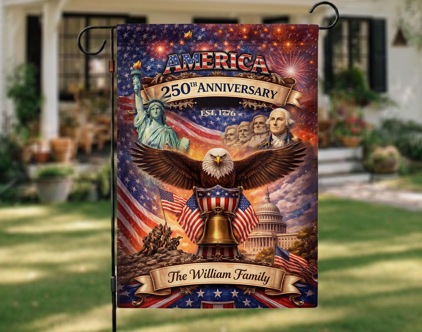Personalized America 250th Anniversary Garden Flag, Custom Family Name Patriotic Yard Decor, 1776–2026 USA Gift