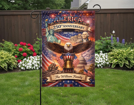 Personalized America 250th Anniversary Garden Flag, Custom Family Name Patriotic Yard Decor, 1776–2026 USA Gift