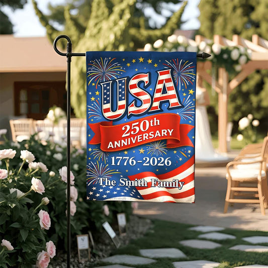 USA 250th Anniversary Garden Flag, Custom 1776-2026 Patriotic Outdoor Decor, American Semiquincentennial Yard Banner, Fireworks Flag Design
