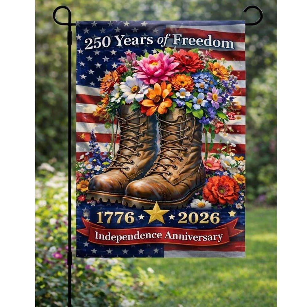 Military Boots Floral America 250 Years Flag, Patriotic 1776–2026 Garden Flag, 4Th Of July Independence Day, Usa Veteran Tribute Yard Decor