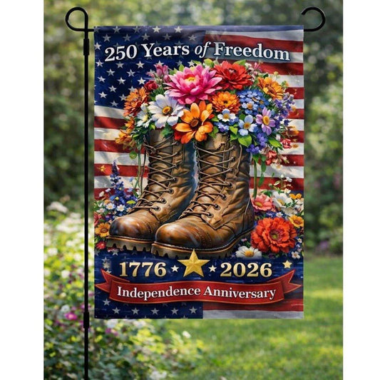Military Boots Floral America 250 Years Flag, Patriotic 1776–2026 Garden Flag, 4Th Of July Independence Day, Usa Veteran Tribute Yard Decor