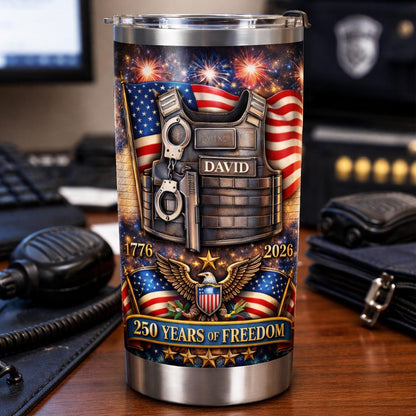 Personalized Police USA 250 Years of Freedom Tumbler, Custom Name Cop Gift, Patriotic Law Enforcement Cup 1776-2026, Police Appreciation Mug