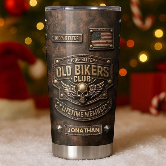 Personalized Old Bikers Club Tumbler 2D Flat, Custom Name Skull Motorcycle Design, Vintage Biker Gift, Lifetime Member Rider Cup