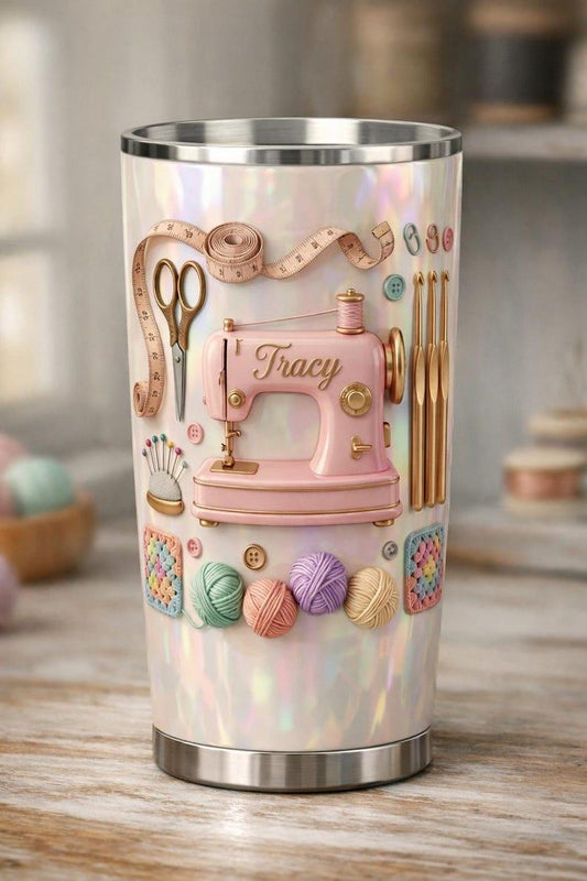 Sewing Lover Tumbler 2D Flat, Personalized Seamstress Gift with Name, Custom Sewing Machine Cup, Crochet Knitting Crafter Mug