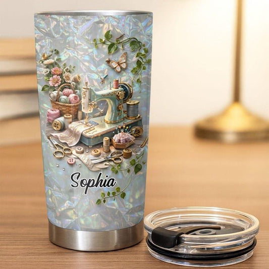 Personalized Sewing Tumbler 2d flat, Custom Name Seamstress Gift, Sewing Machine Cup, Quilter Gift, Tailor Gift, Craft Lover Tumbler